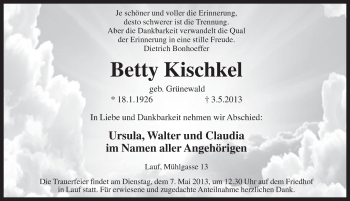 Traueranzeige von Betty Kischkel von Pegnitz-Zeitung